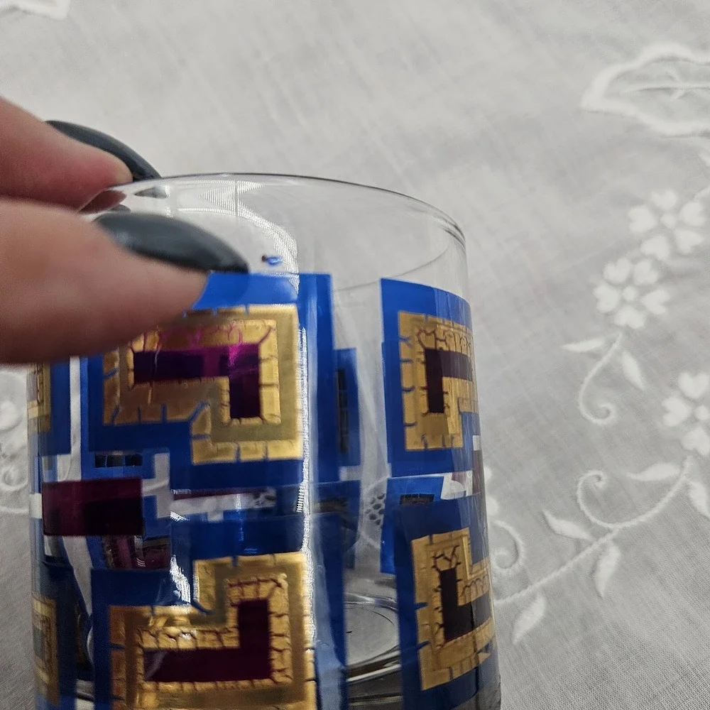 Vintage Berta MCM Rocks Glass Blue Purple Gold Greek Key‎ Geometric Barware